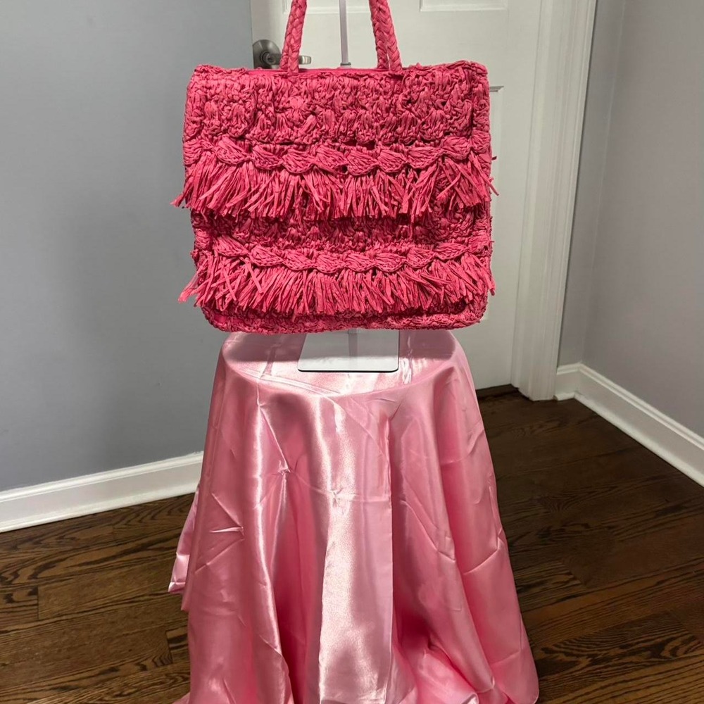 Anthropologie Pink Raffia Fringe Tote